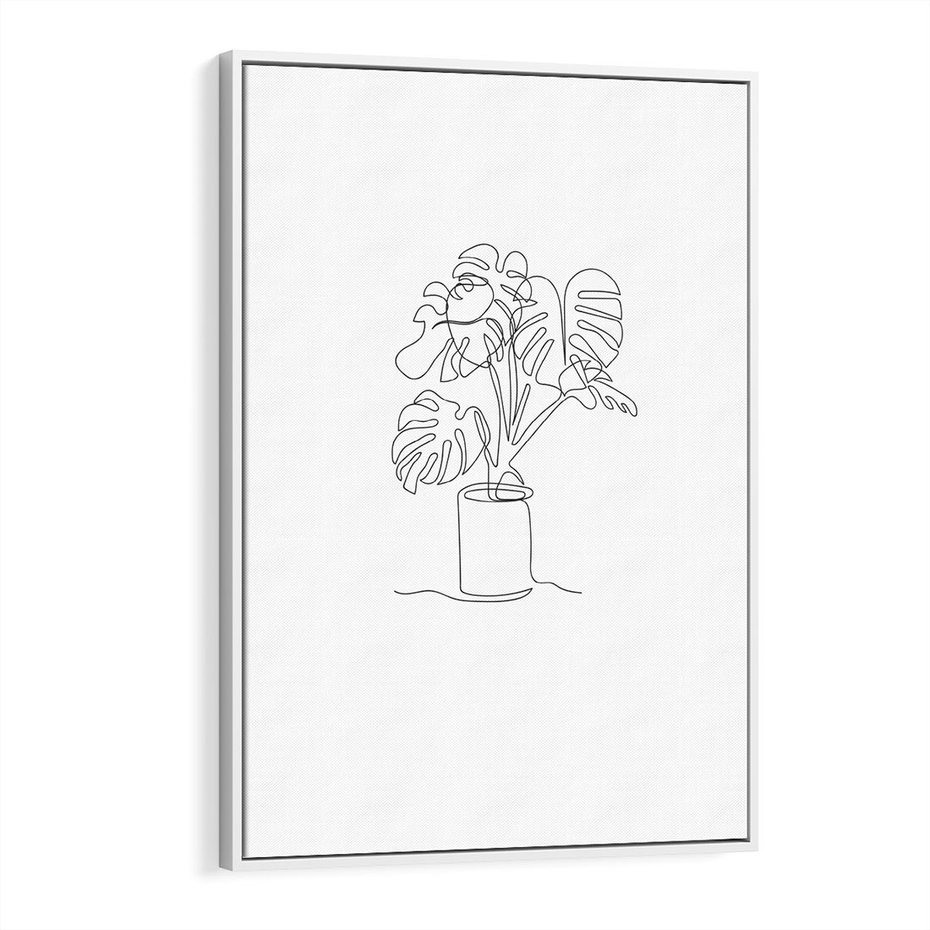 Obraz w ramie 80x120 - Tajemnicza Harmonia - sztuka one line, monstera - rama biała