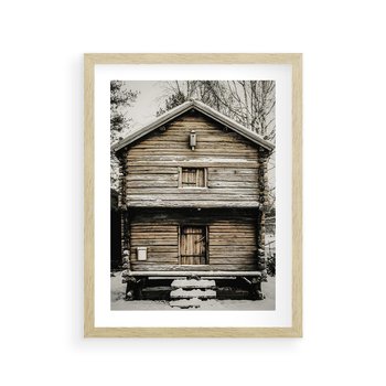 Plakat w ramie 30x40 - Stary Drewniany Dom w Śniegu - stary drewniany dom, zima - rama drewno
