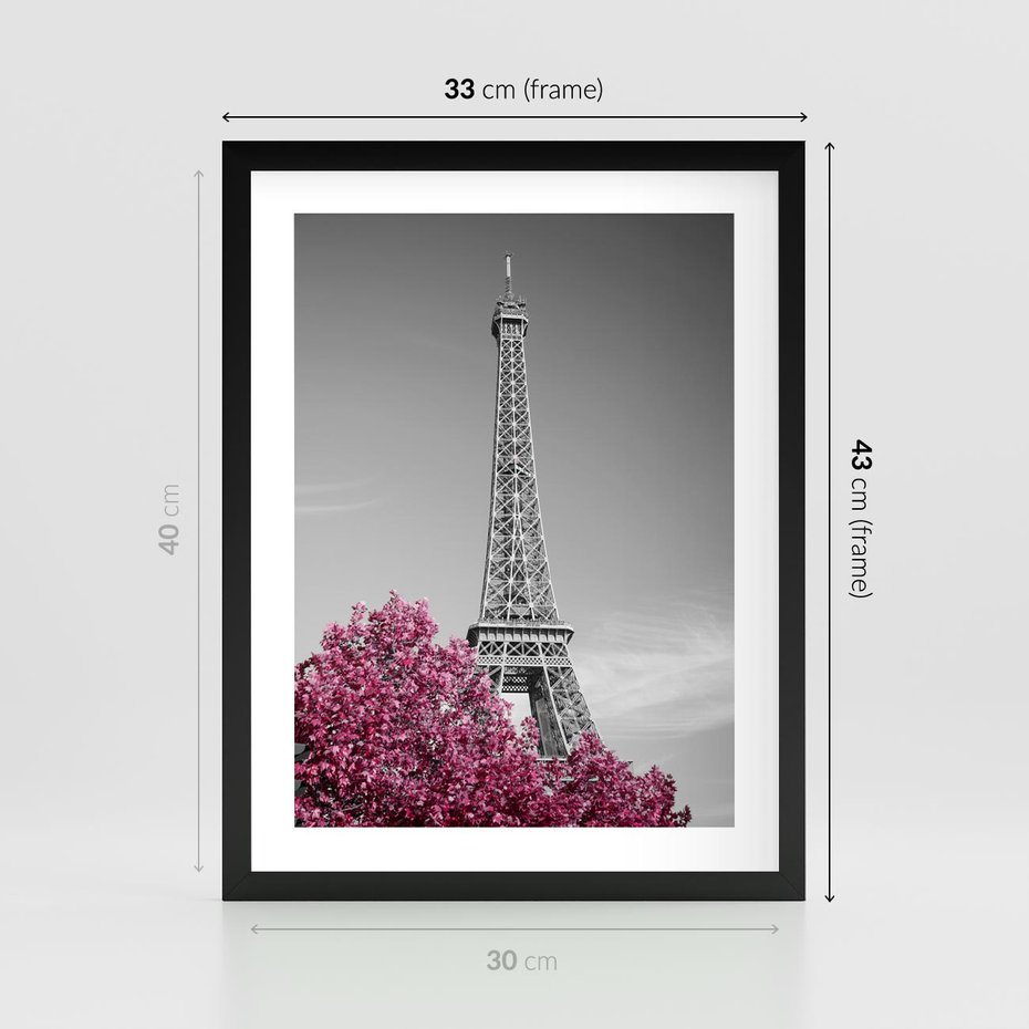 Plakat w ramie 30x40 - Różowy Paryż - czarno białe zdjęcie, wieża eiffla - rama czarna