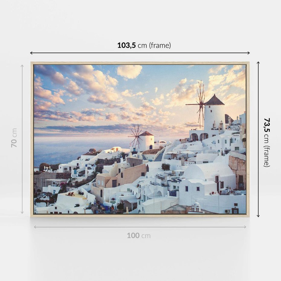 Obraz w ramie 100x70 - Biel ponad Błękitem - Santorini, białe budynki - rama drewno