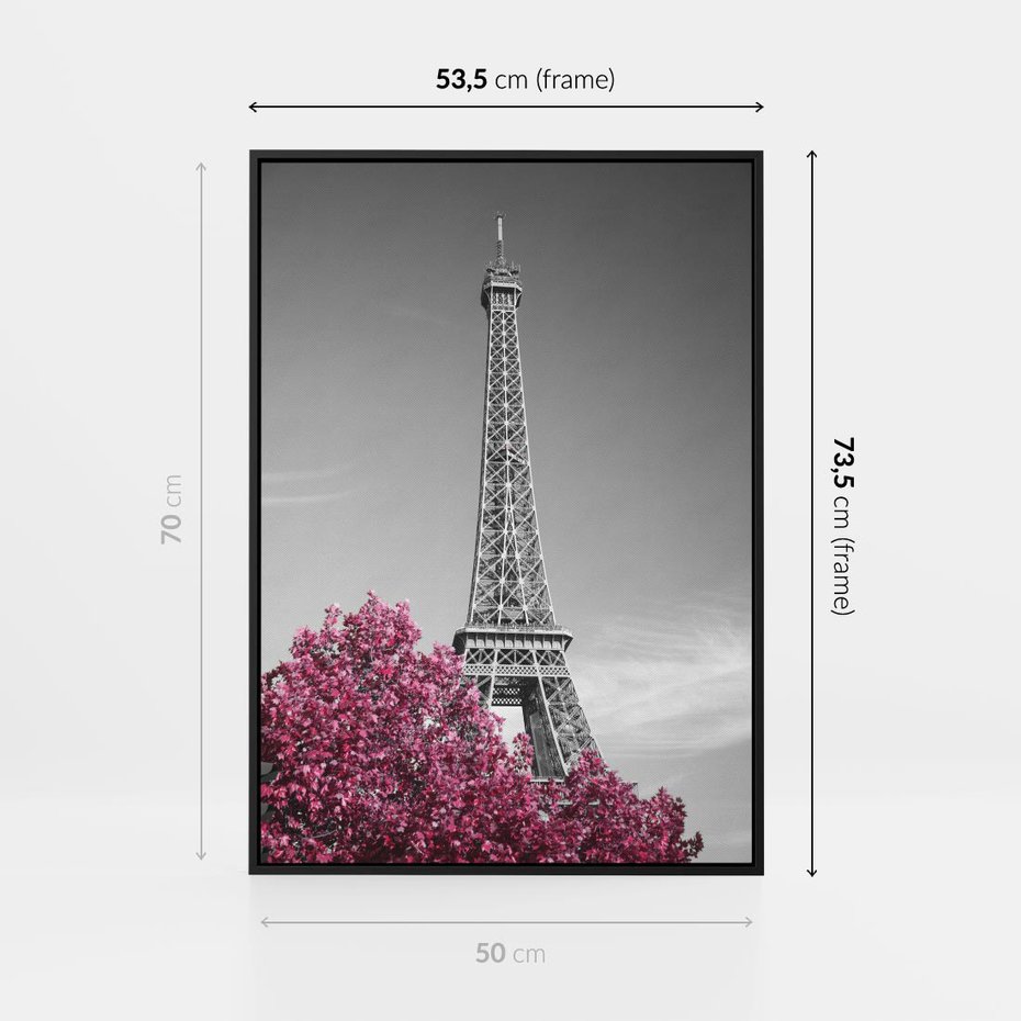 Obraz w ramie 50x70 - Różowy Paryż - czarno białe zdjęcie, wieża eiffla - rama czarna