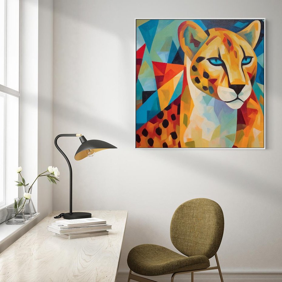 Obraz w ramie 80x80 - Dzikie Piękno - abstrakcyjny portret geparda, intensywne kolory - rama biała