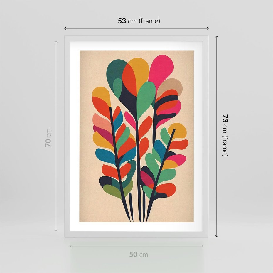 Plakat w ramie 50x70 - Symfonia Wzrokowych Impresji - abstrakcyjny kolorowy tęczowy obraz, inspiracje roślinne - rama biała