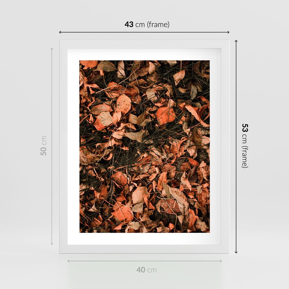 Plakat w ramie 40x50 - Jesienny Splot: Pomarańczowe Liście - liście, pomarańczowe suche liście - rama biała