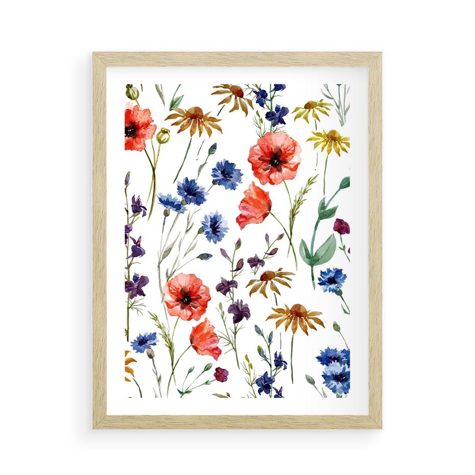 Plakat w ramie 50x70 - Kwiatowe radości na łące - kwiaty, łączka - rama drewno