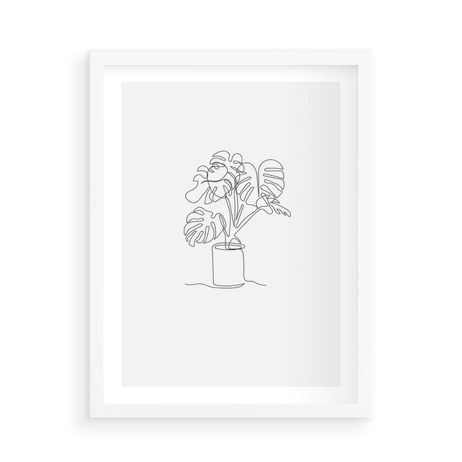 Plakat w ramie 50x70 - Tajemnicza Harmonia - sztuka one line, monstera - rama biała