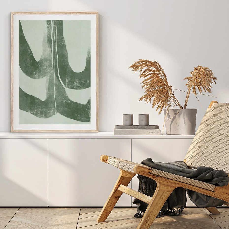 Plakat w ramie 30x40 - Nurtująca Kompozycja Zieleni - abstrakcyjne delikatne zielone linie, podobne do gałęzi kwiatów - rama drewno