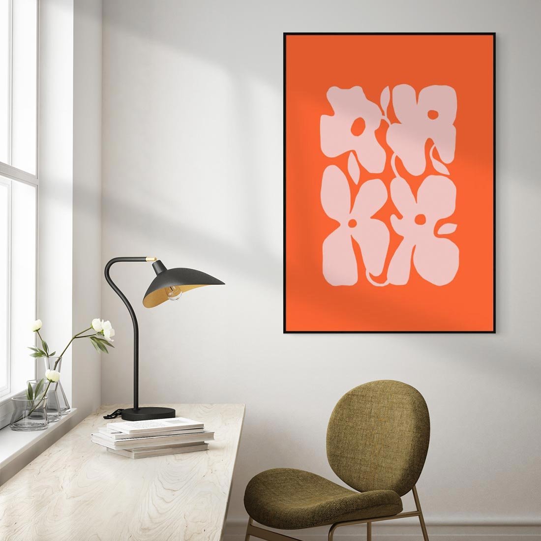Obraz w ramie 70x100 - Taniec Abstrakcji - kwiaty, energetyczne pomarańczowe tłó - rama czarna