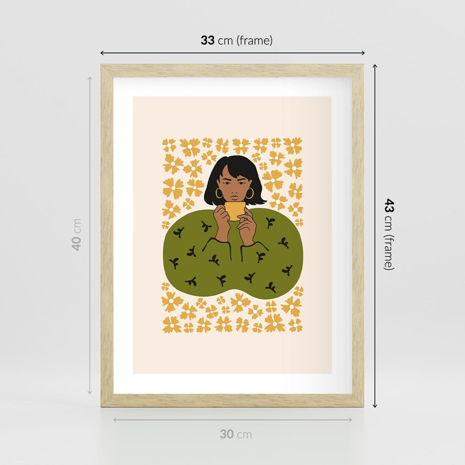 Plakat w ramie 30x40 - Wewnętrzne Fale - nowoczesny plakat, kobieta otoczona liśćmi - rama drewno