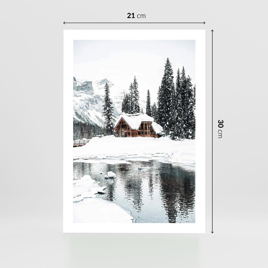 Plakat bez ramy 21x30 - Urok Zimowego Krajobrazu - domek w górach, zima