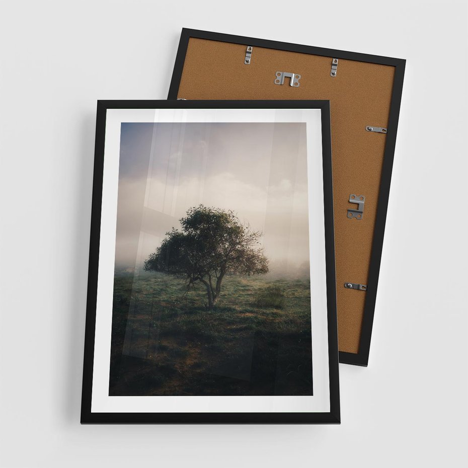 Plakat w ramie 50x70 - Zamglona Prostota - artystyczna fotografia, samotne drzewo na zamglonej łące - rama czarna