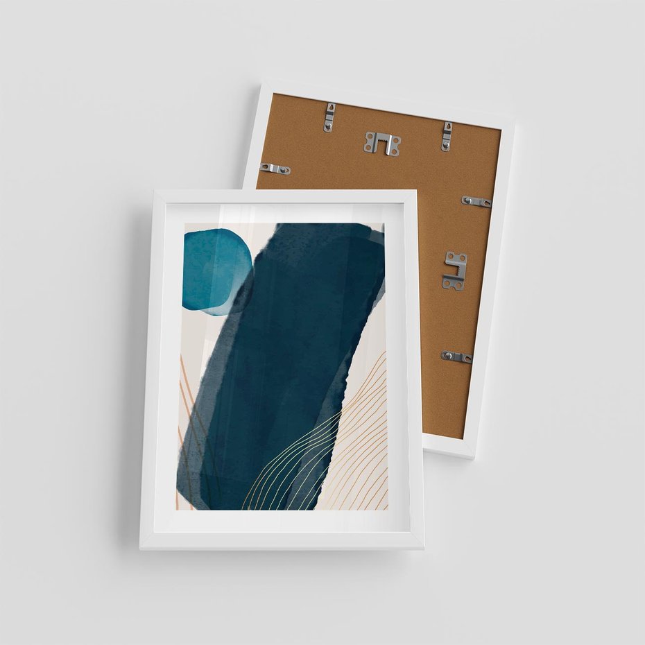 Plakat w ramie 30x40 - Nocne Widzenia - abstrakcyjna granatowa plama, akwarela - rama biała