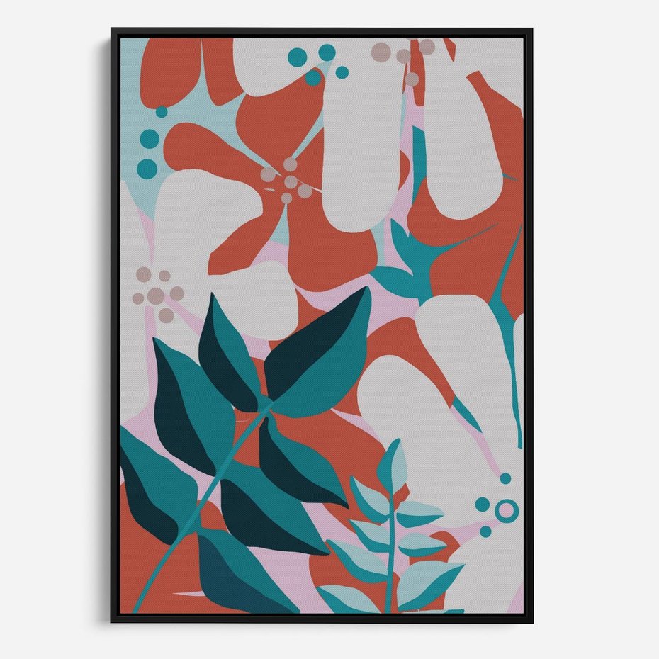 Obraz w ramie 70x100 - Harmonijne Formy - abstrakcyjna kompozycja kwiatowych form, kolor zgaszone - rama czarna