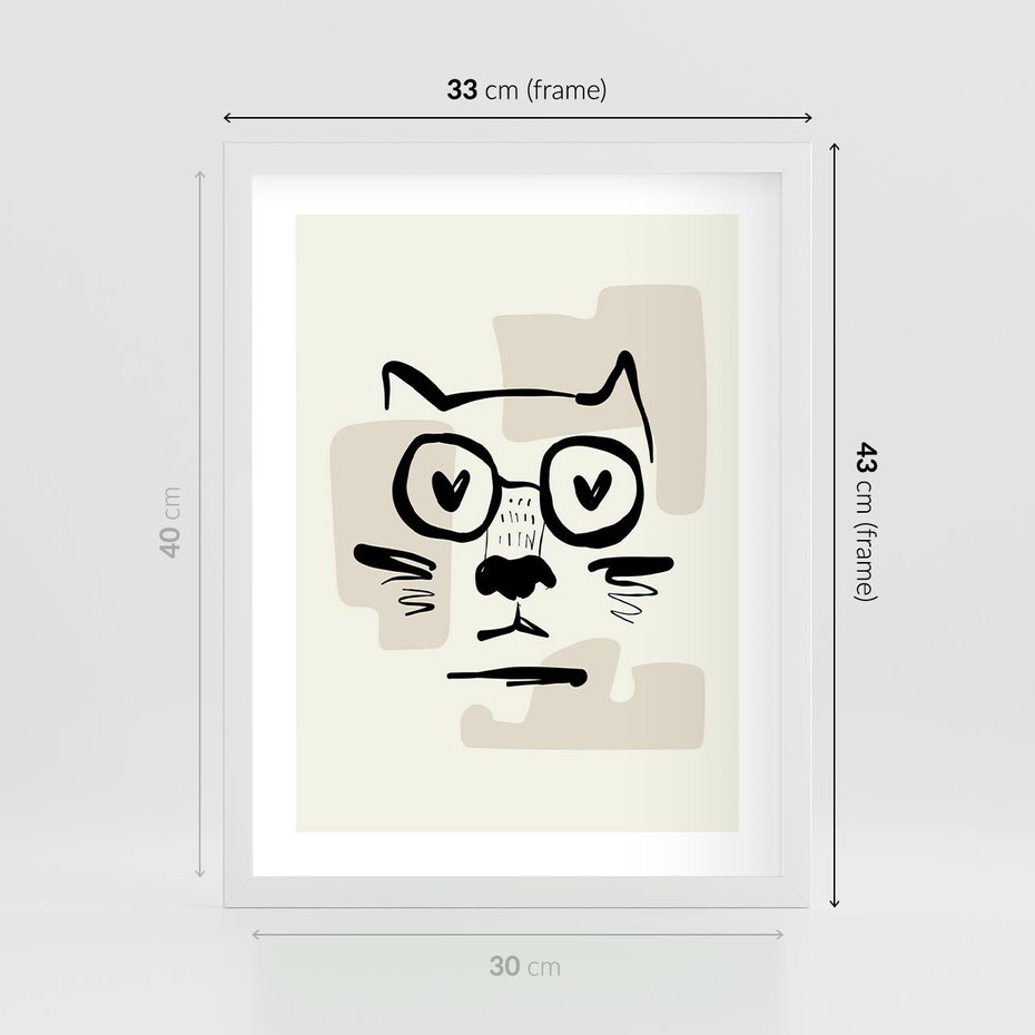 Plakat w ramie 30x40 - Minimalistyczny Kot: Czarna Kreska - kot, grafika - rama biała