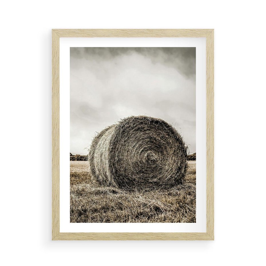 Plakat w ramie 50x70 - Siano w Sepii: Wiejska Tradycja - snopek siana, bela siana - rama drewno