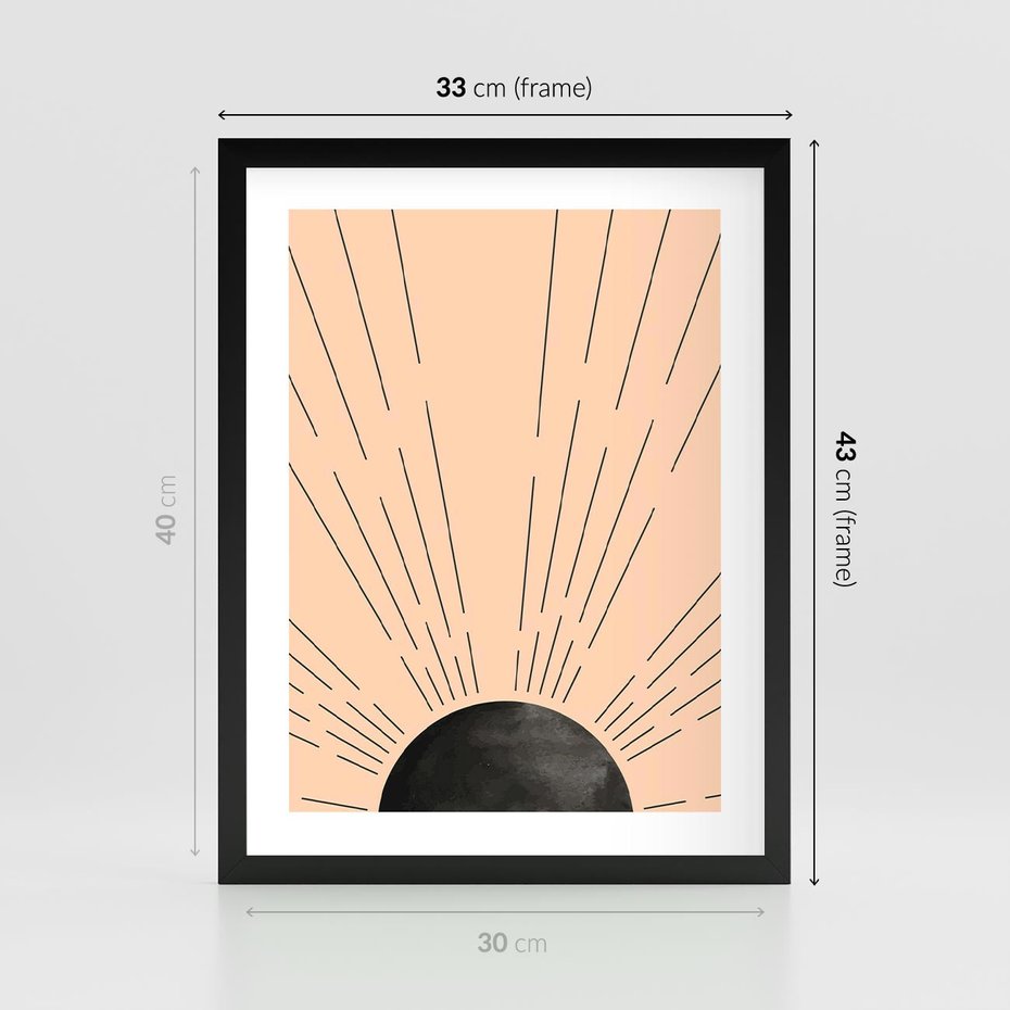Plakat w ramie 30x40 - Migocące Kształty Promieni - boho czarne słońce, nowoczesna grafika - rama czarna