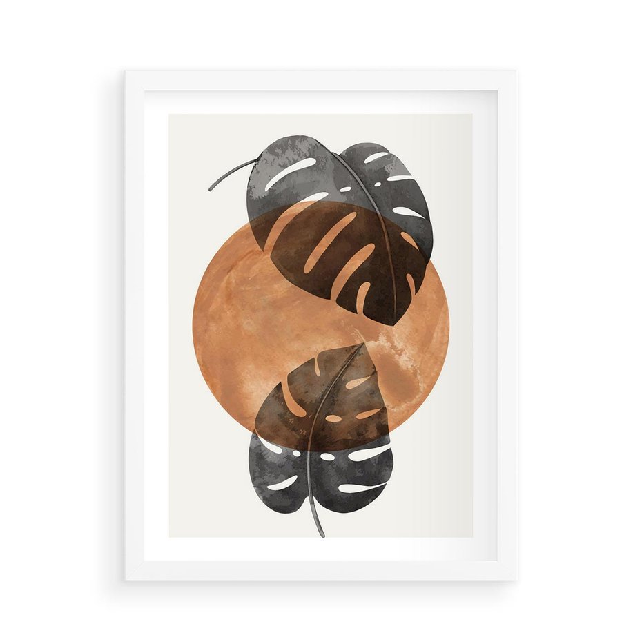 Plakat w ramie 50x70 - Elegancja w Detalach: Miedziane Koło z Monsterą - grafika, miedziane koło - rama biała