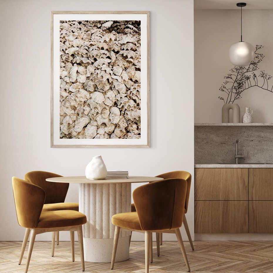 Plakat w ramie 40x50 - Symfonia Natury - kompozycja z białych muszli - rama drewno