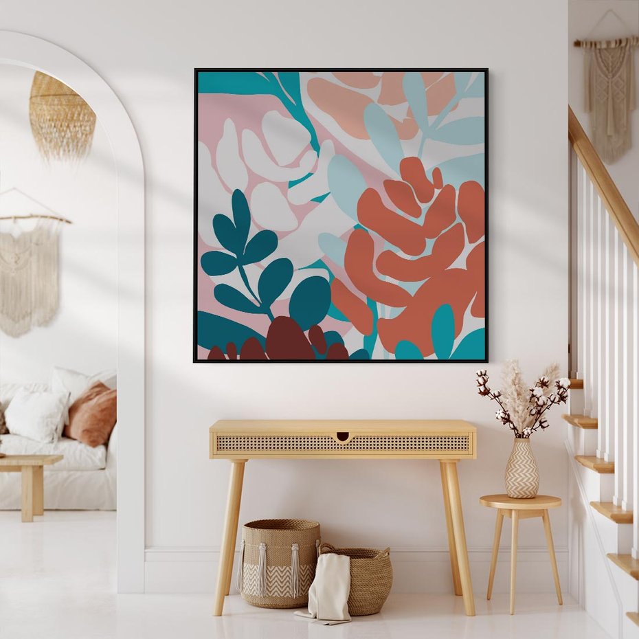 Obraz w ramie 50x50 - Impresje Kształtów - abstrakcyjna kompozycja kwiatowych form, kolor zgaszone - rama czarna