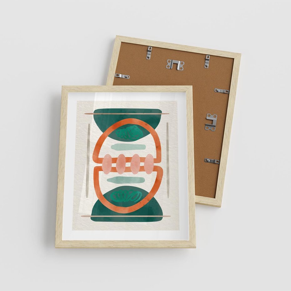 Plakat w ramie 40x50 - Oryginalny obraz abstrakcyjny w nowoczesnym stylu. Geometryczne akwarelowe kształty w intensywnych odcieniach zieleni i pomarańczu. Doskonała dekoracja dla miłośników sztuki. - abstrakcyjny obraz, sztuka nowoczesna - rama drewno