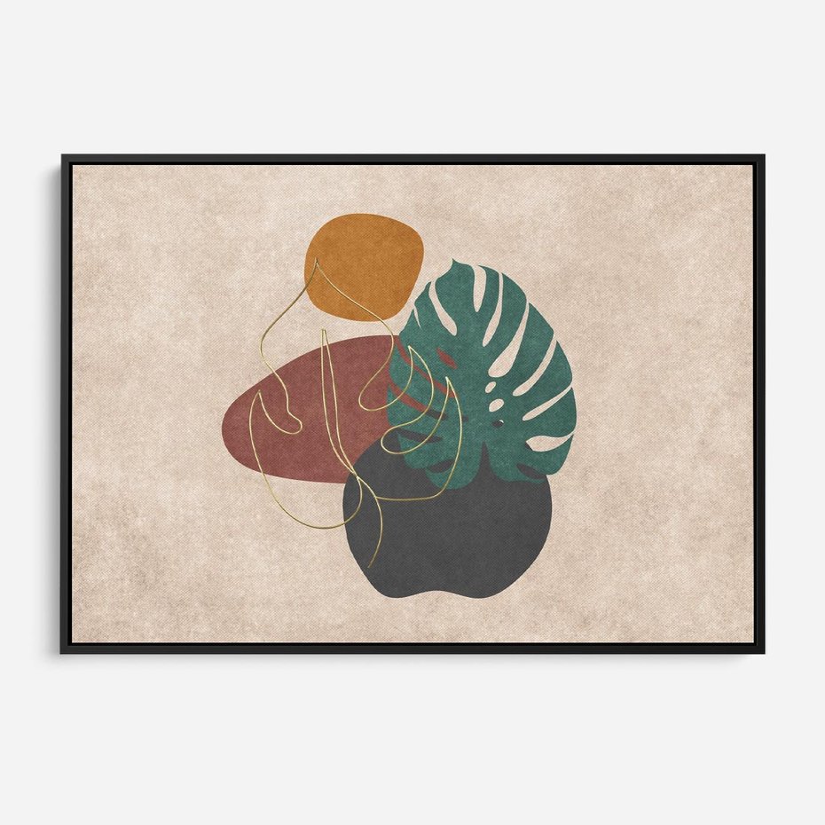 Obraz w ramie 70x50 - Akwarelowa Magia Liści - grafika, styl mid century - rama czarna