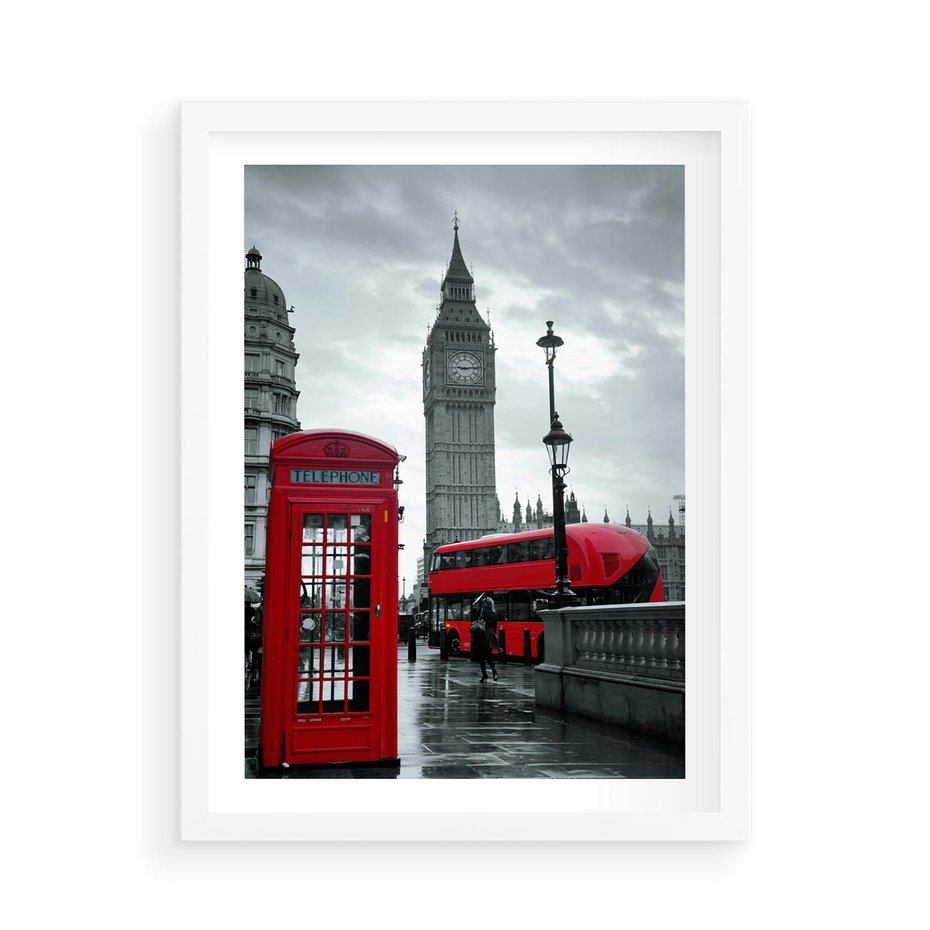 Plakat w ramie 50x70 - Uliczka z charakterystyczną budką w Londynie - Londyn, budka - rama biała