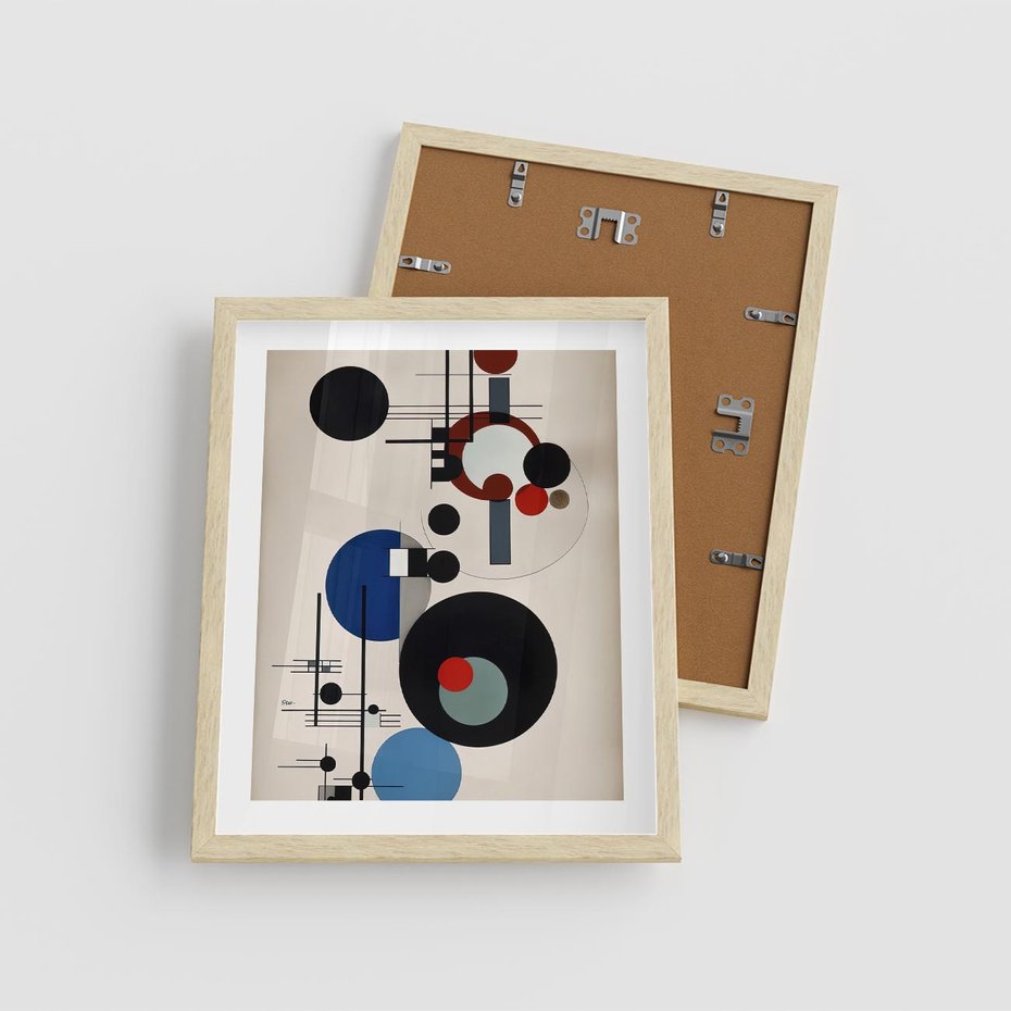 Plakat w ramie 40x50 - Rozkwitające Wibracje Wyobraźni - abstrakcyjna geometryczna kompozycja, koła linie - rama drewno