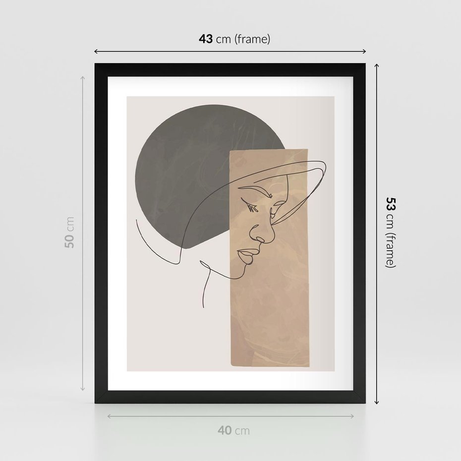 Plakat w ramie 40x50 - Jedną Linią: Kobieca Twarz - abstrakcja, plamy w tle - rama czarna