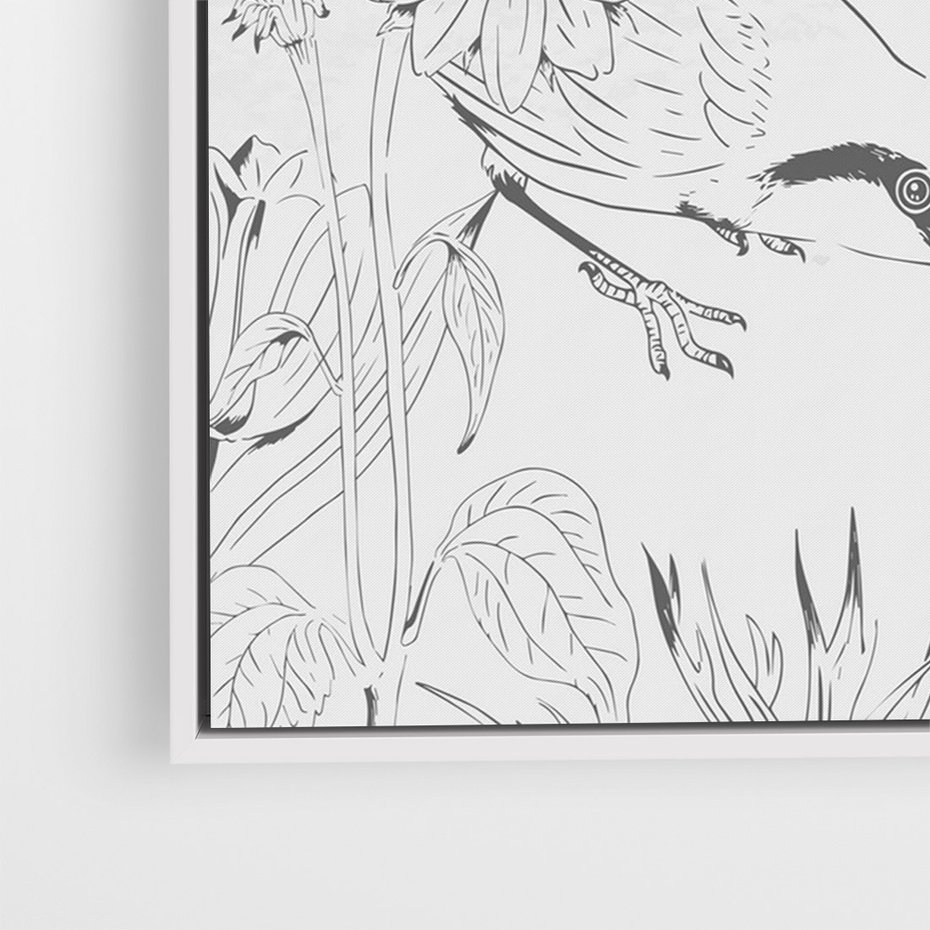 Obraz w ramie 50x70 - Tropiki w Monochromie - czarno biały szkic, tropikalne ptaki - rama biała