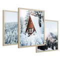 Zestaw obrazy w ramie 50x70 galeria - Zima, górski, domek, śnieg - rama drewno
