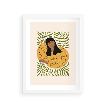 Plakat w ramie 50x70 - Malowane Odbicia Wyobraźni - nowoczesny plakat, kobieta otoczona liśćmi - rama biała