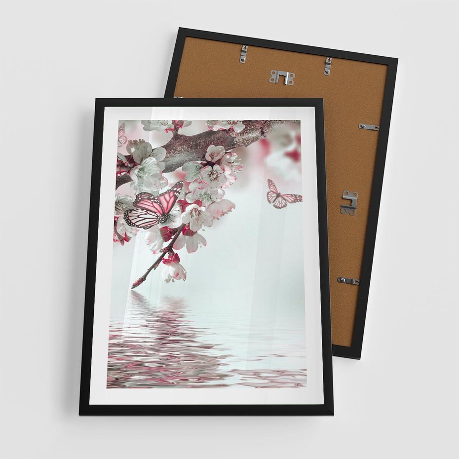 Plakat w ramie 50x70 - Kwiatowa baśń z motylami - kwiaty, motyle - rama czarna