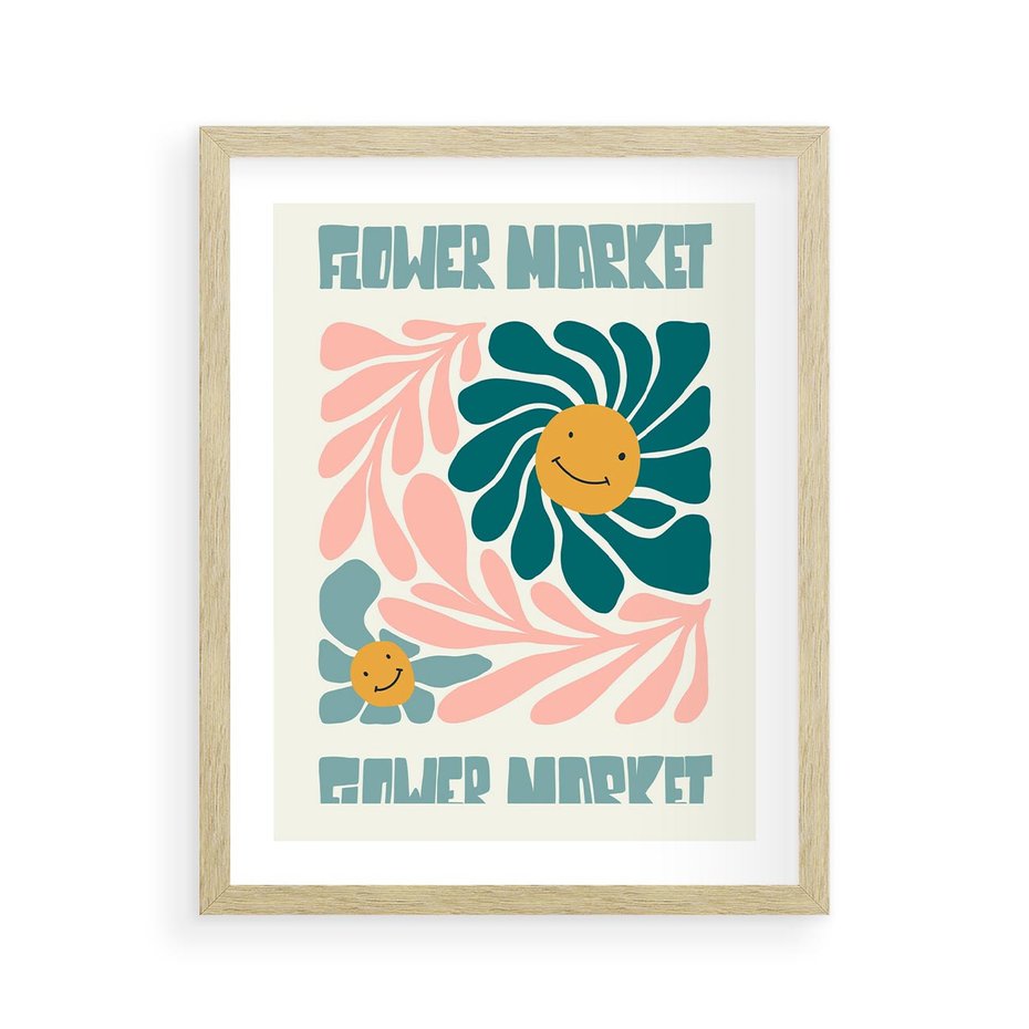 Plakat w ramie 40x50 - Harmonia płatków kwiatów - kwiatowa retro kompozycja, pastelowe kolory - rama drewno