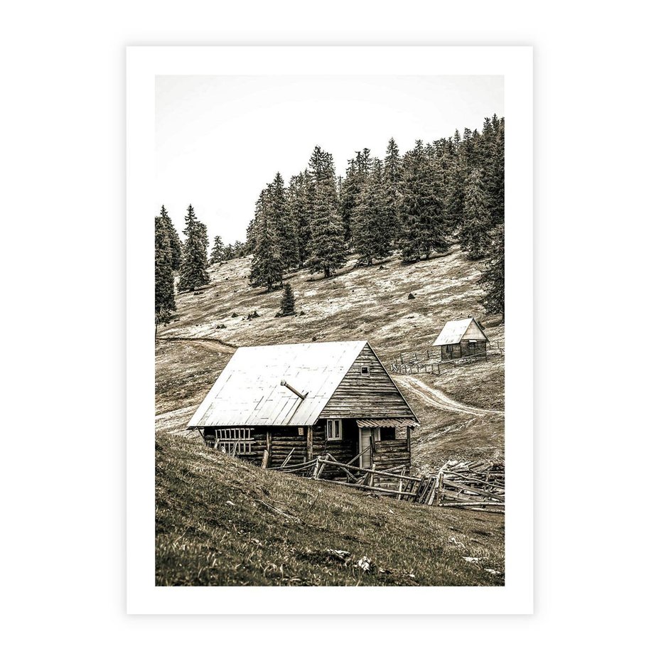 Plakat bez ramy 30x40 - Ustronne Chatki w Górach - rustykalne domki w górach, sepia