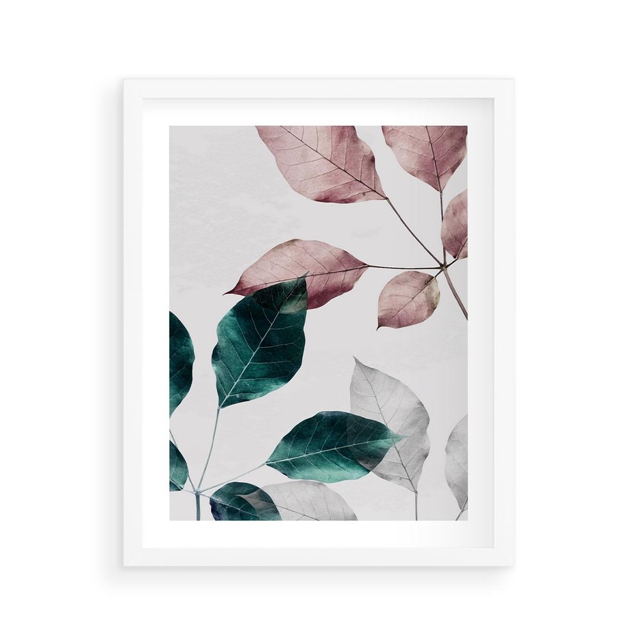 Plakat w ramie 40x50 - Pastelowe Liście w Minimalizmie - pastelowe liście, minimalistyczny obraz - rama biała