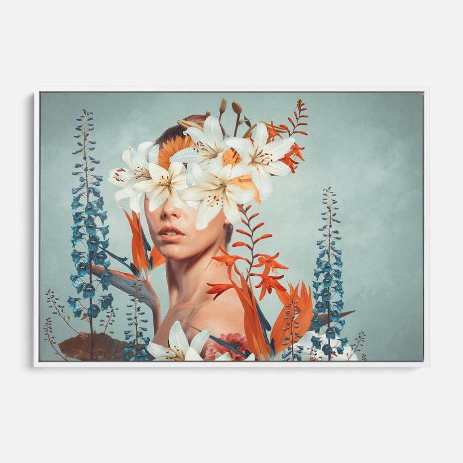 Obraz w ramie 70x50 - Kwiatowa Enklawa Uroku - kolaż, nierealna kompozycja - rama biała