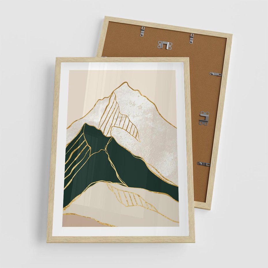 Plakat w ramie 50x70 - Minimalistyczne Góry: Złota Sztuka Natury - minimalistyczna grafika, góry - rama drewno