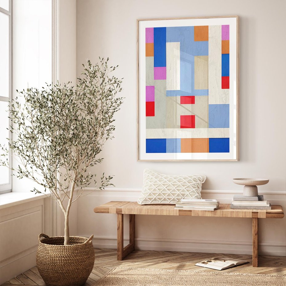 Plakat w ramie 40x50 - Bezczasowe Przenikanie Kształtów - abstrakcyjne geometryczne kształty, olejny obraz - rama drewno