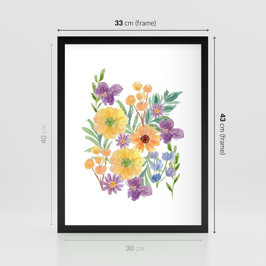 Plakat w ramie 30x40 - Kwiatowe Wibracje - akwarelowe polne kwiaty, minimalistyczny plakat - rama czarna