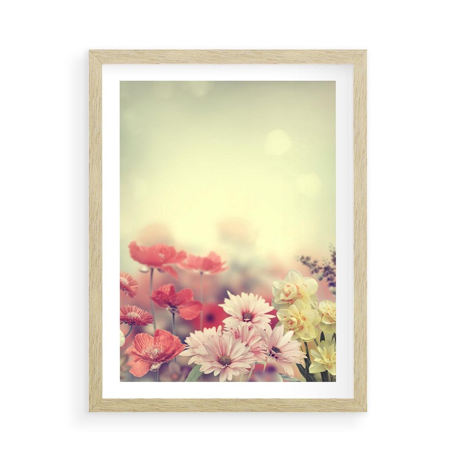 Plakat w ramie 50x70 - Delikatne kwiaty pastelowe - kwiaty, pastelowe - rama drewno