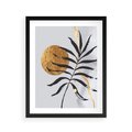 Plakat w ramie 40x50 - Grafika z Czarnym Liściem Palmy - czarny liść palmy, złóte kołó - rama czarna