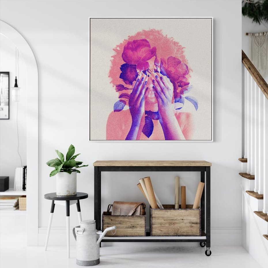 Obraz w ramie 80x80 - Kwiaty we Włosach - różowa postać, grafika - rama biała