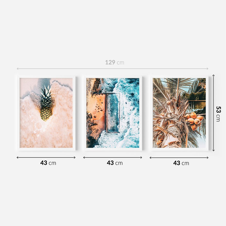 Zestaw obrazy w ramie 40x50 galeria - Plaża, morze, ananas, kokosy, palmy - rama biała