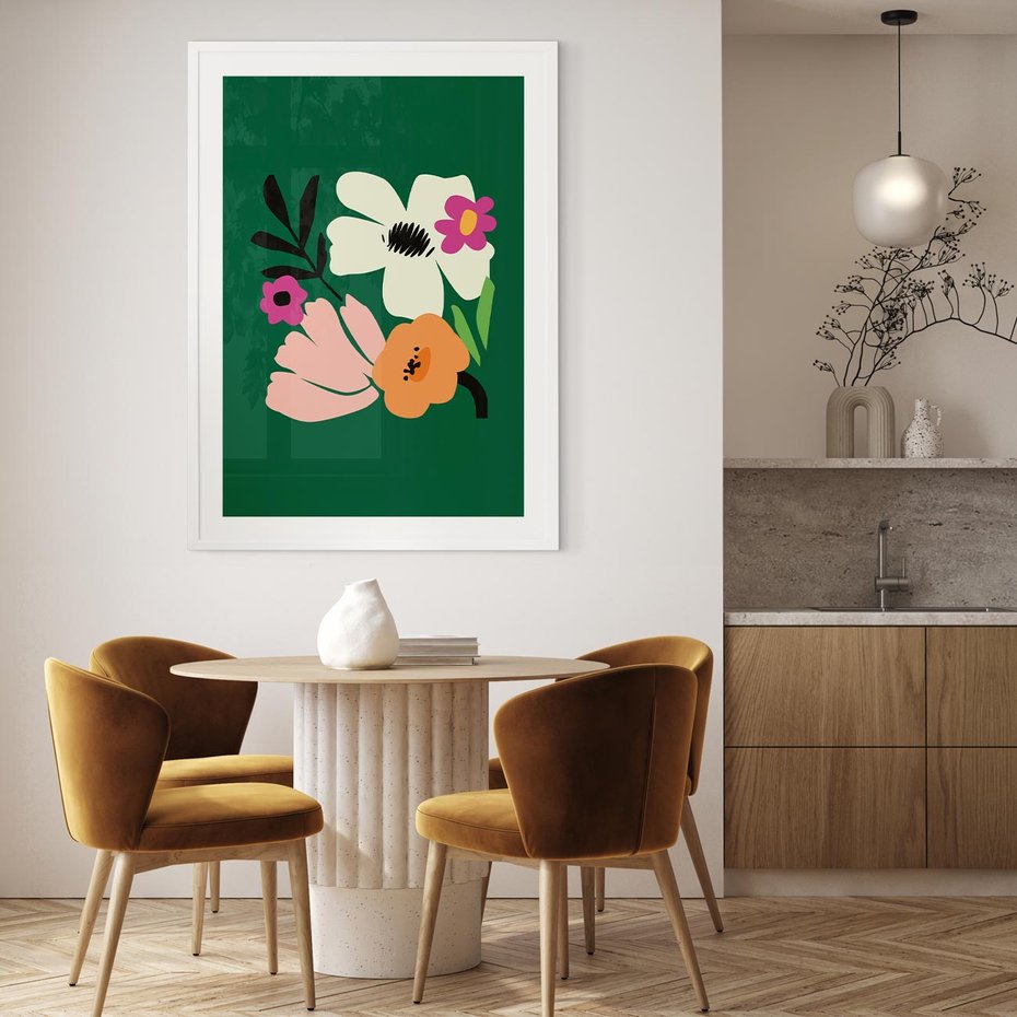 Plakat w ramie 40x50 - Rozbijające Echa - abstrakcyjne kwiaty, zielone tło - rama biała