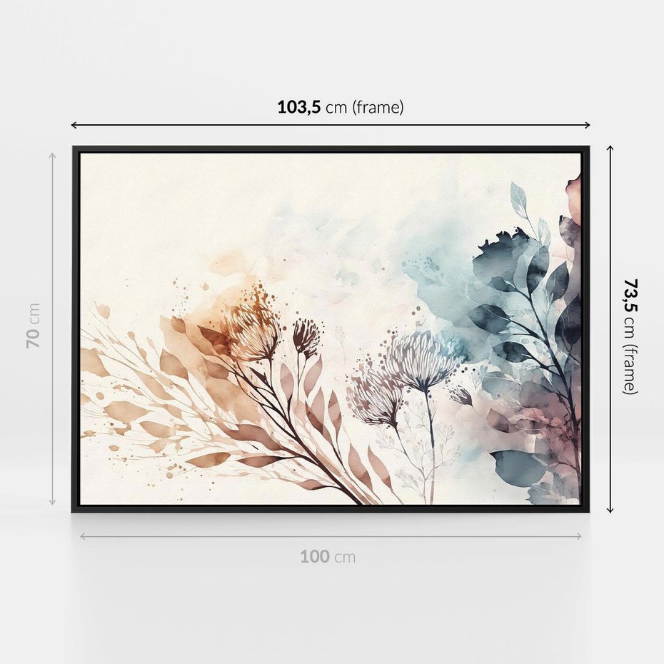 Obraz w ramie 100x70 - Nostalgiczne tańce pędzla - akwarelowe kwiaty, gałęzie - rama czarna