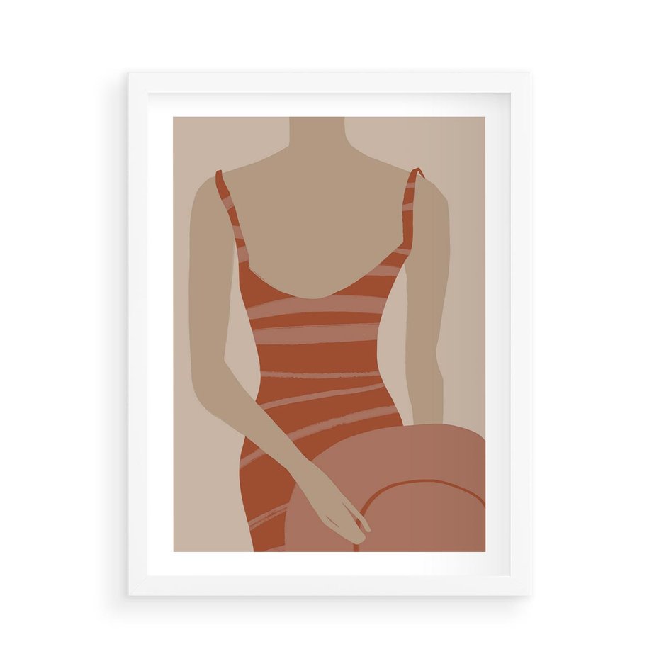 Plakat w ramie 50x70 - Kobiece Retro - minimalistyczny boho plakat, retro kobieta w stroju kąpielowym - rama biała