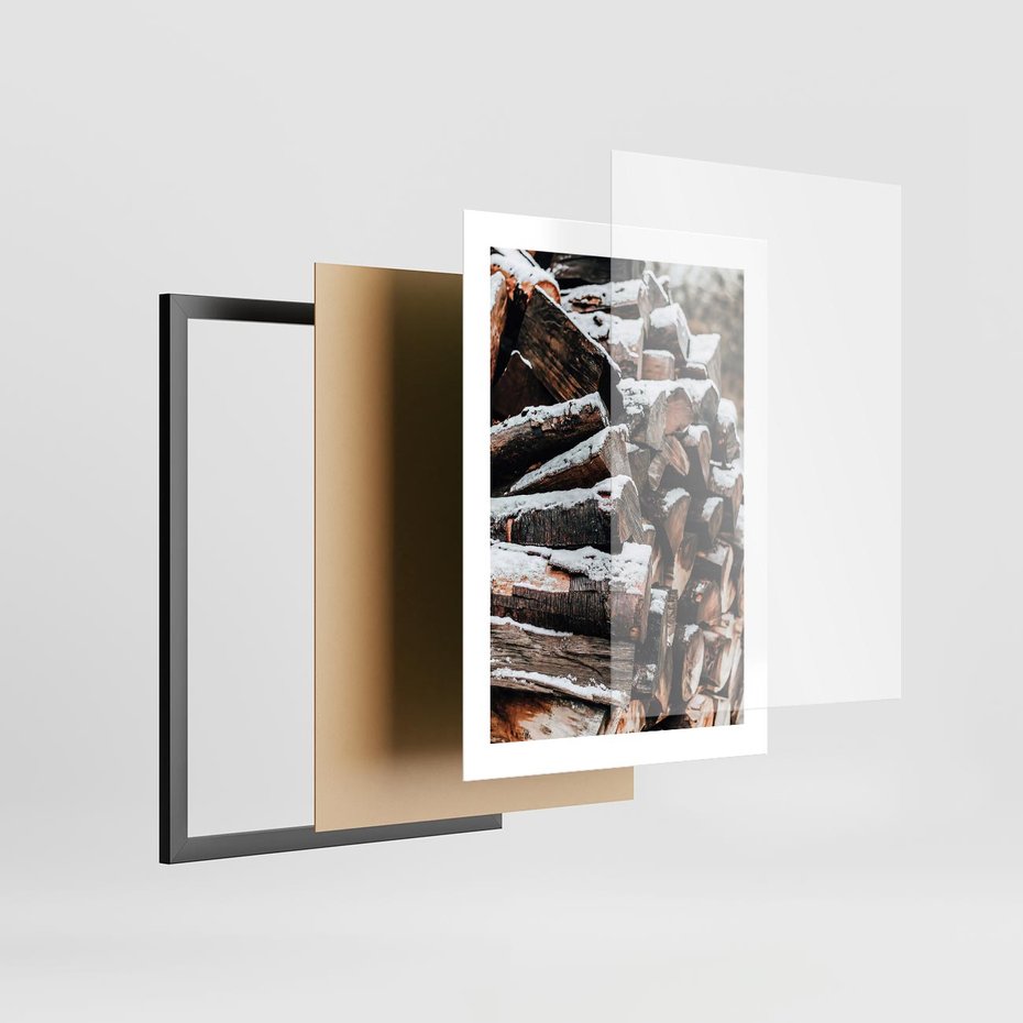 Plakat w ramie 30x40 - Zimowa Drewniana Idylla - drewno, kłody - rama czarna