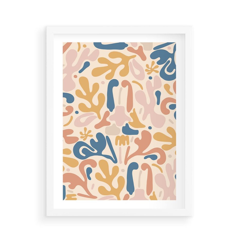 Plakat w ramie 50x70 - Symfonia Radosnych Barw - abstrakcyjne pastelowe formy, nowoczesna grafika w stylu boho - rama biała