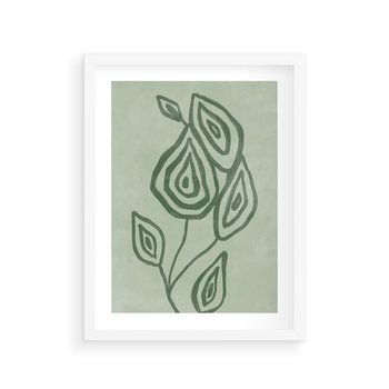 Plakat w ramie 50x70 - Szmaragdowy Oddech - abstrakcyjne delikatne zielone linie, podobne do gałęzi kwiatów - rama biała