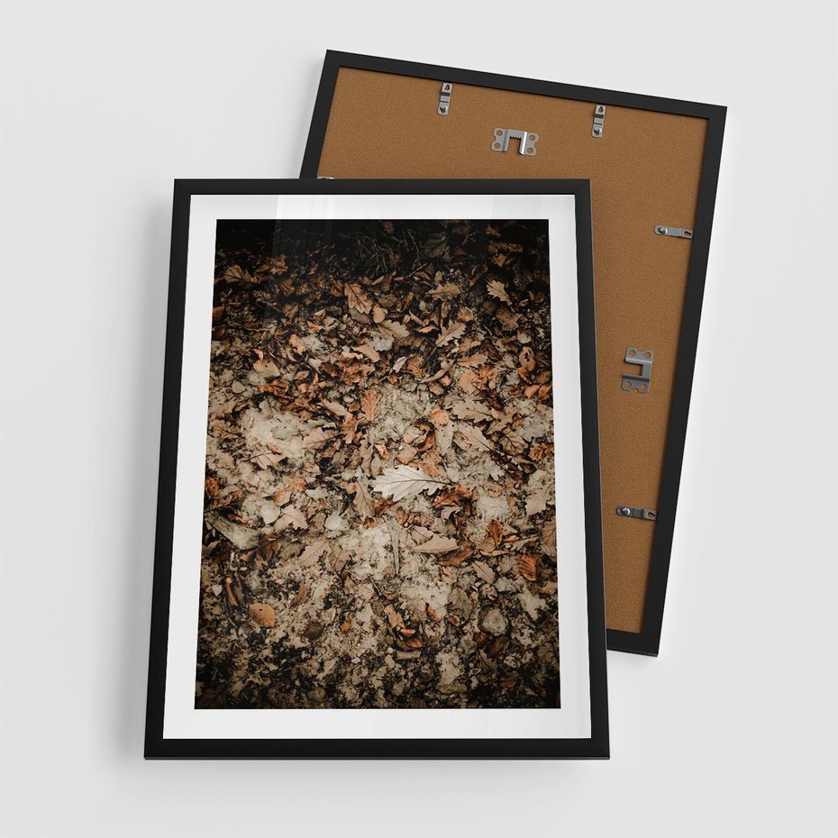 Plakat w ramie 50x70 - Suchość Liści w Brązowych Tonach - suche liście jesień brąz - rama czarna